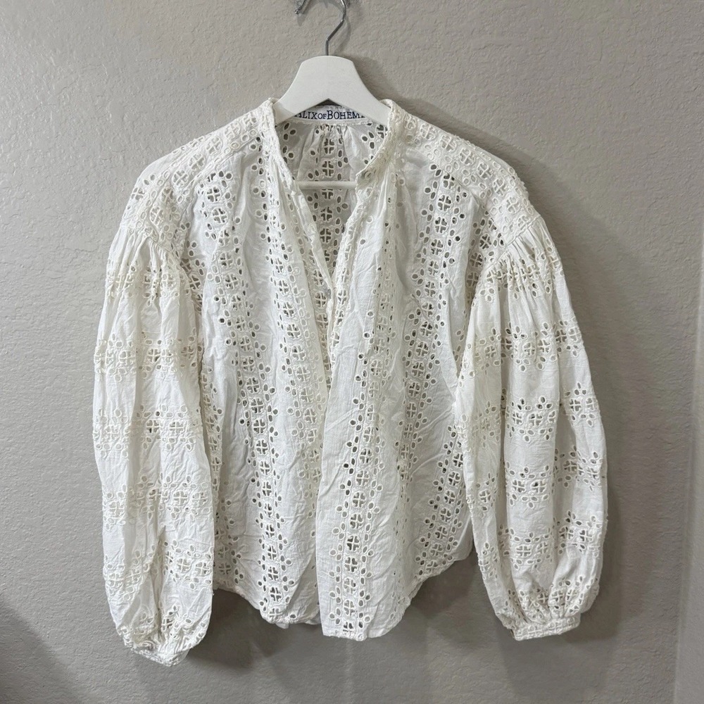 Alix of Bohemia‎ Eyelet 100% Cotton Top Boho Cottagecore Balloon Sleeve No Size